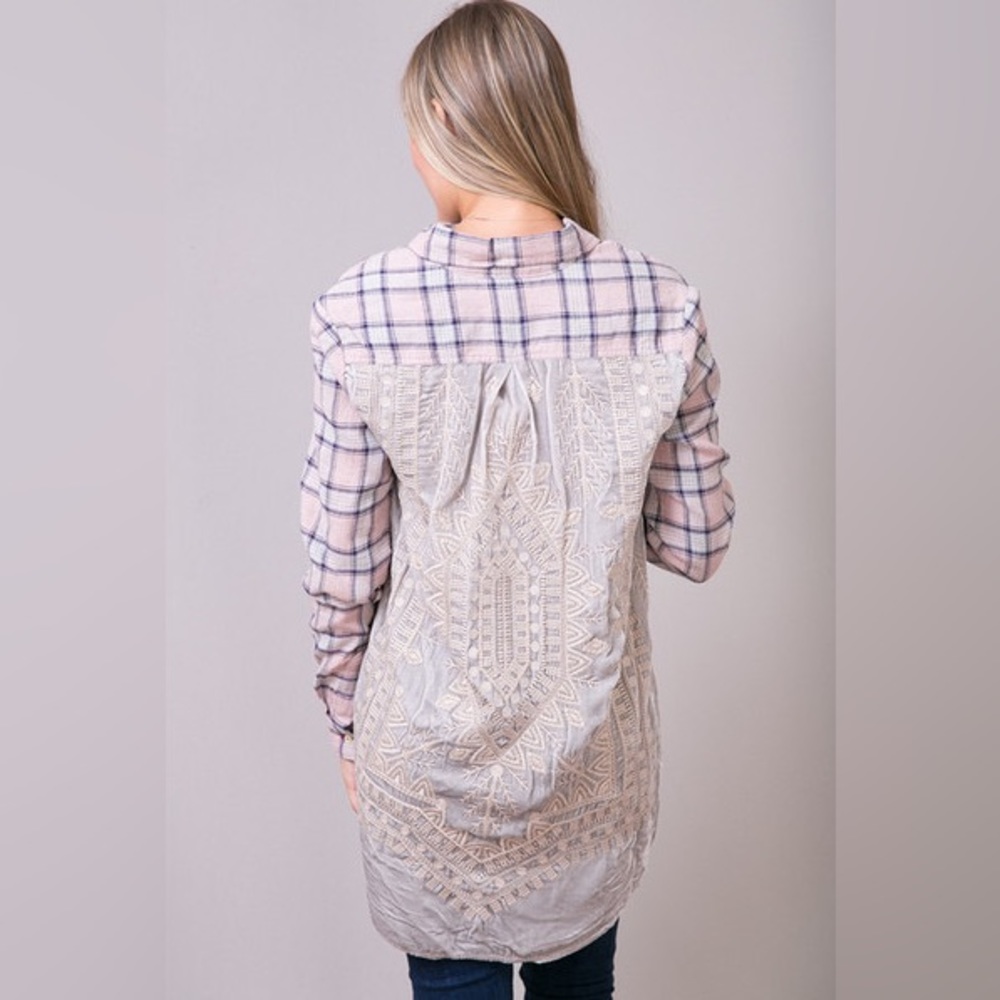 Johnny Was Collection Imogen Smock Shirt Pink & Blue Plaid Size Med RETAIL $240